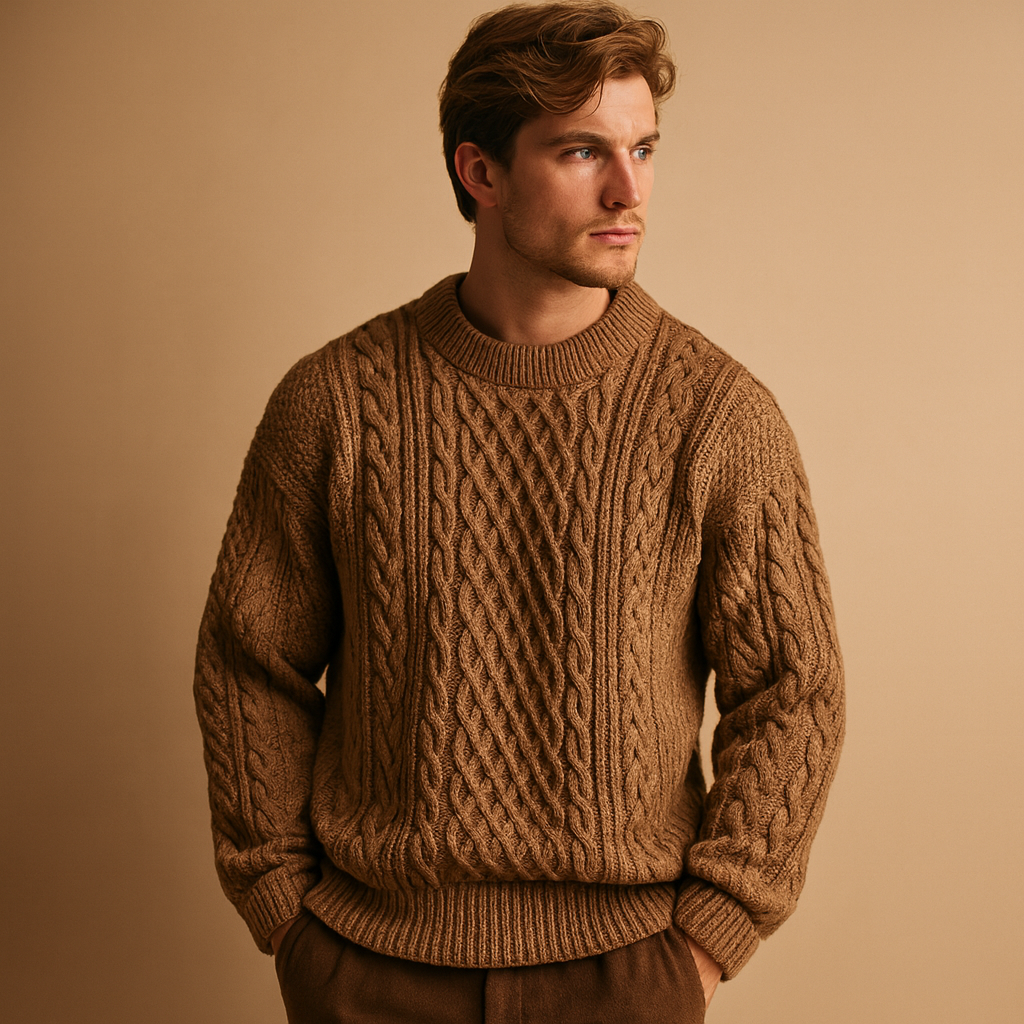 Men’s warm knitted jumper with relaxed fit and crew neck, perfect for autumn and winter casual outfits.