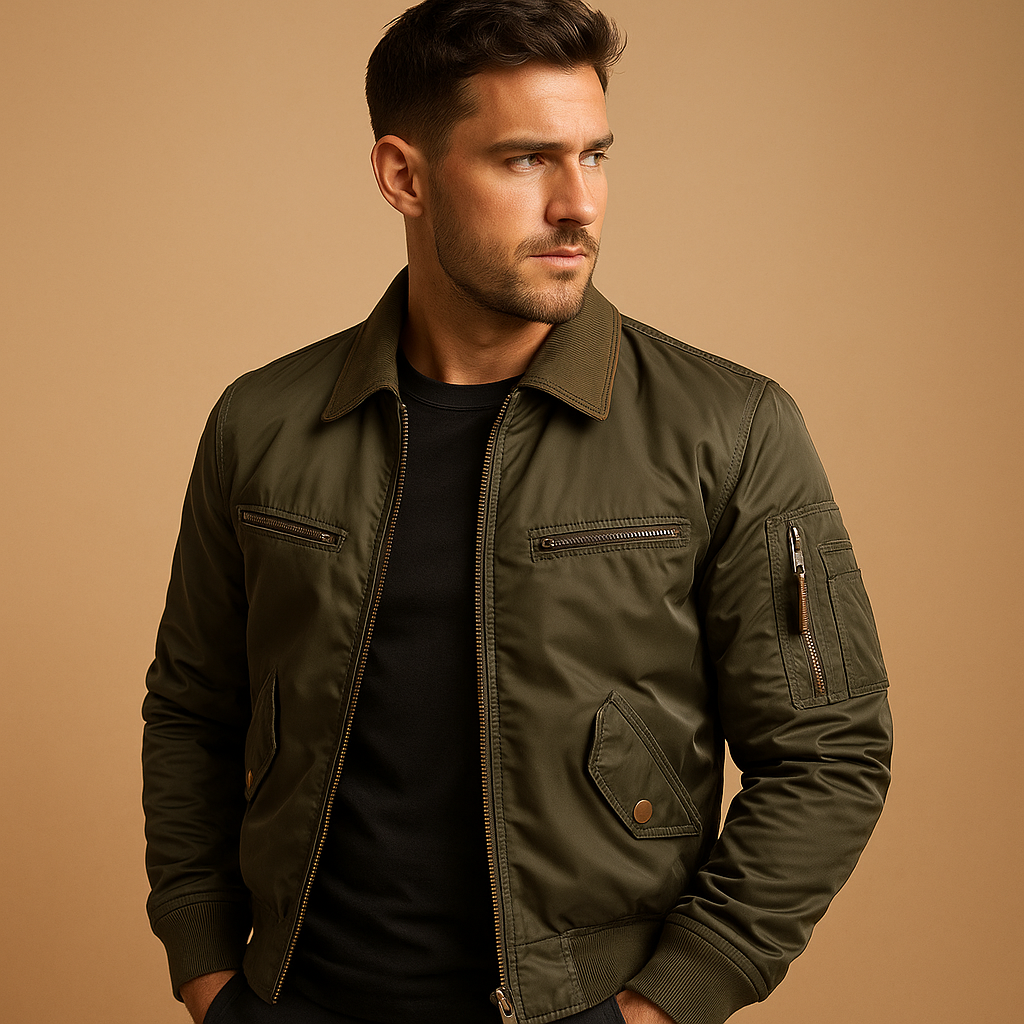 Men’s bomber jacket with water-resistant fabric, light padding, and zip pockets. Perfect for casual wear or semi-formal outfits in all seasons.