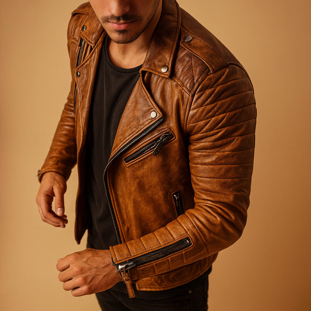 Men’s waterproof biker jacket with wind-resistant fabric and soft lining, stylish modern design, perfect for autumn, winter, and rainy days.