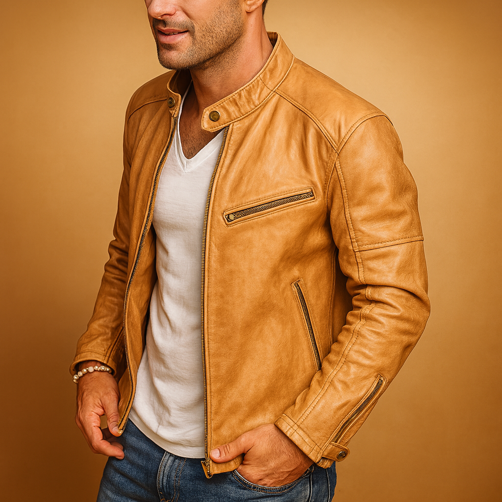 Men’s waterproof biker jacket with zip closure, tailored fit, and modern design. Perfect for city wear, autumn, winter, and rainy days.