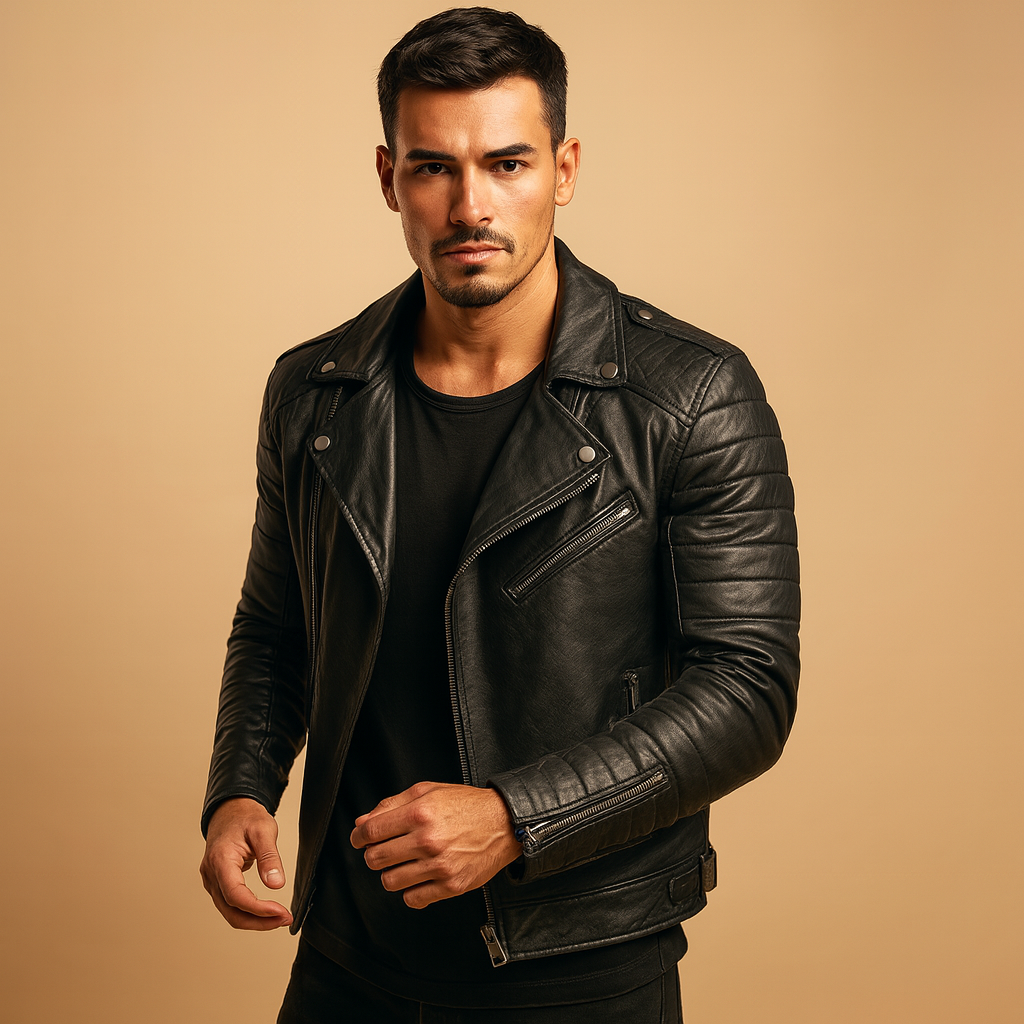 Men’s waterproof biker jacket with wind-resistant fabric and soft lining, stylish modern design, perfect for autumn, winter, and rainy days.