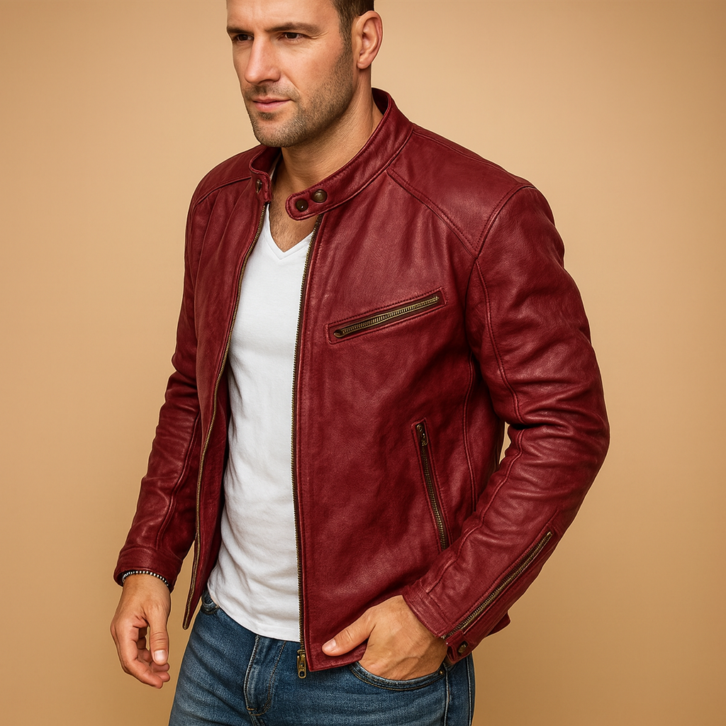 Men’s waterproof biker jacket with zip closure, tailored fit, and modern design. Perfect for city wear, autumn, winter, and rainy days.