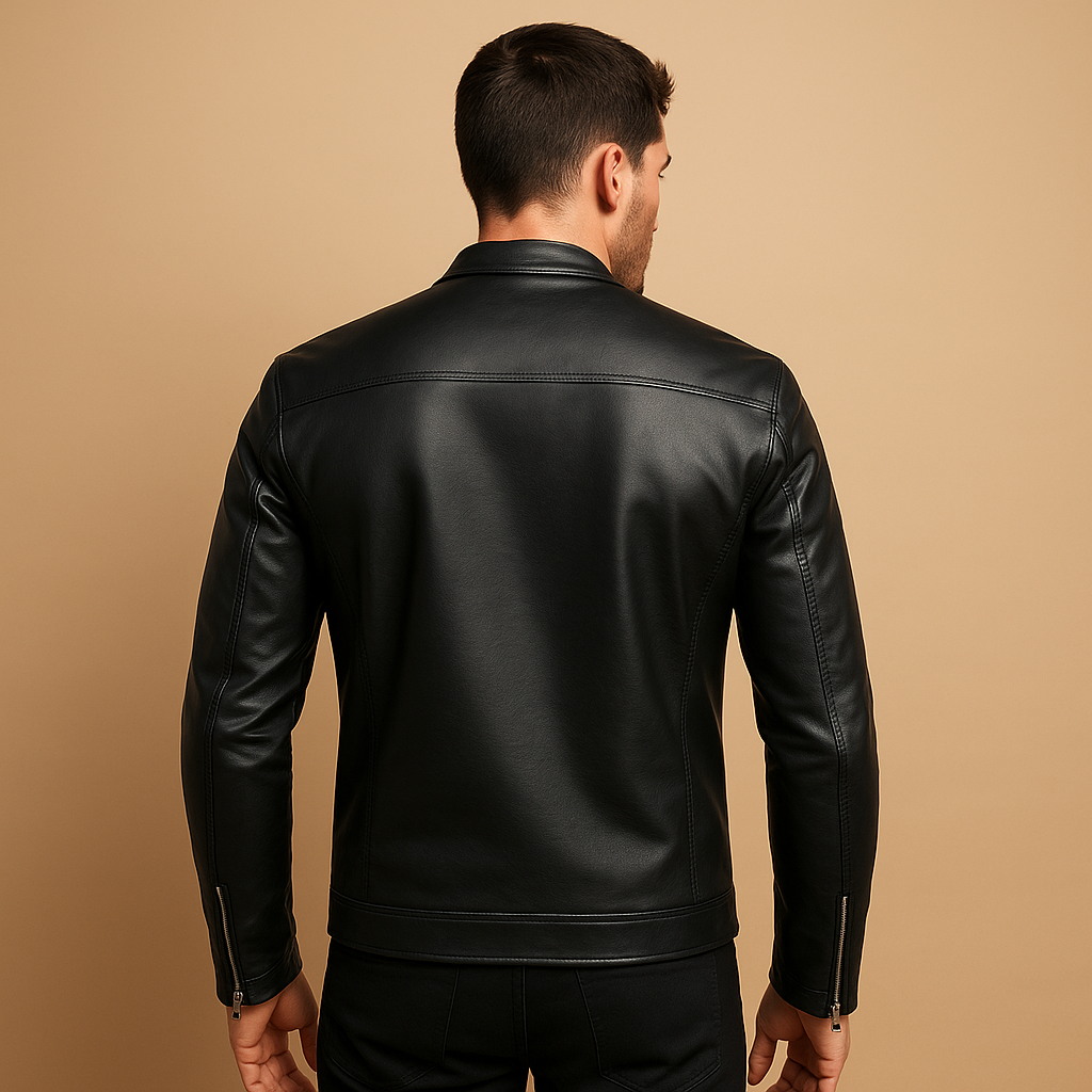 Men’s waterproof biker jacket in classic black with a tailored fit and soft lining, perfect for motor rides and everyday wear.