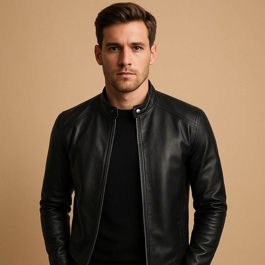 Men’s waterproof biker jacket in classic black with a tailored fit and soft lining, perfect for motor rides and everyday wear.