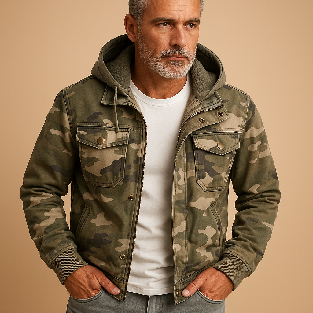 Men’s waterproof camouflage jacket with adjustable cuffs and deep pockets, perfect for outdoor adventures and rainy days.