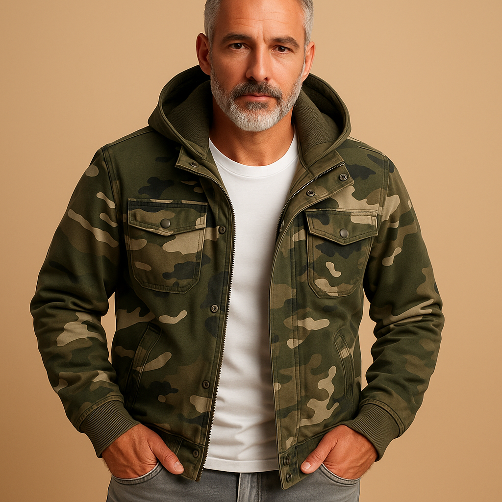 Men’s waterproof camouflage jacket with adjustable cuffs and deep pockets, perfect for outdoor adventures and rainy days.