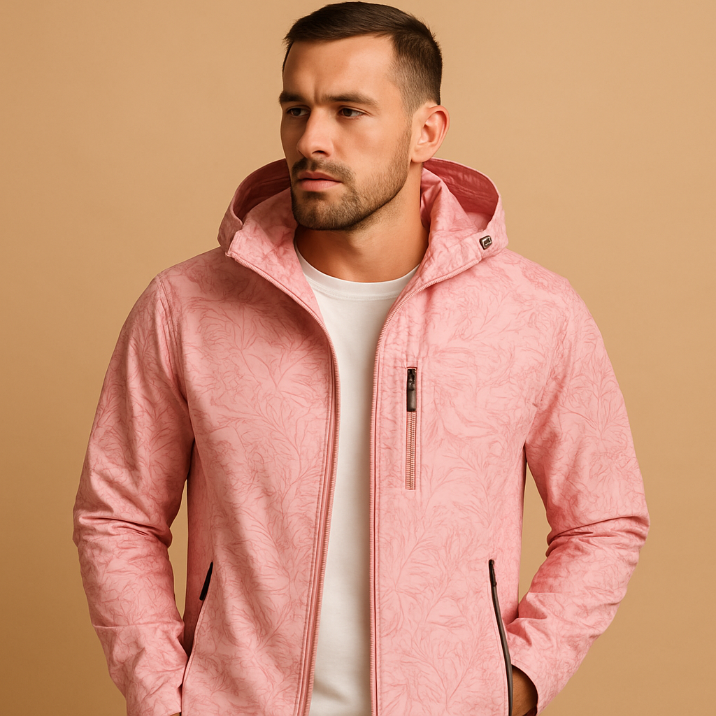 Men’s waterproof jacket with hood, breathable fabric, and zip pockets, featuring a subtle leaf pattern for outdoor and daily wear.