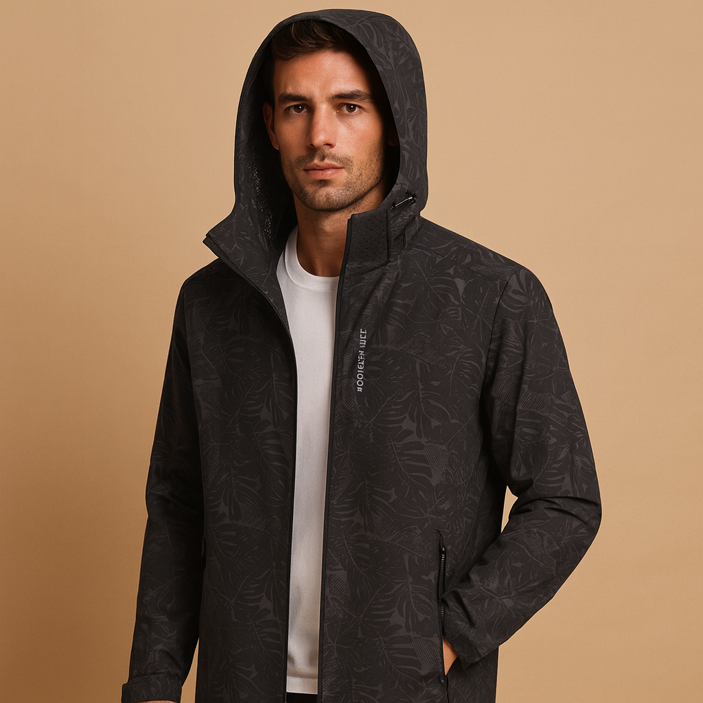 Men’s waterproof jacket with hood, breathable fabric, and zip pockets, featuring a subtle leaf pattern for outdoor and daily wear.