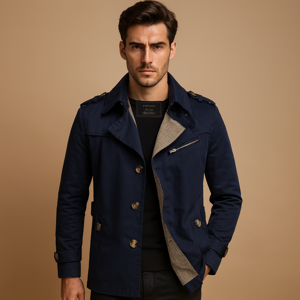 Men’s waterproof trench coat with classic double-breasted design, wind- and rain-resistant, perfect for work, formal occasions, or casual wear.