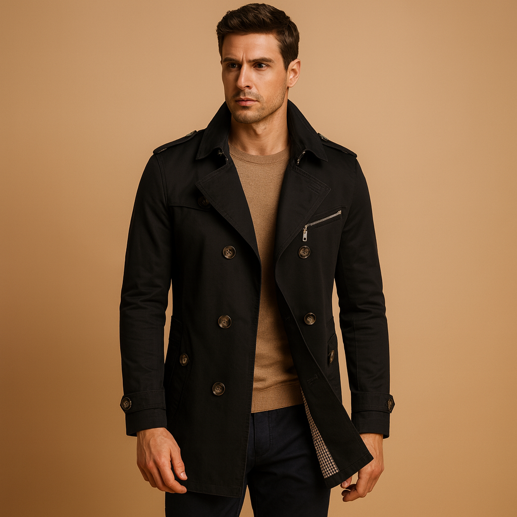 Men’s waterproof trench coat with classic double-breasted design, wind- and rain-resistant, perfect for work, formal occasions, or casual wear.