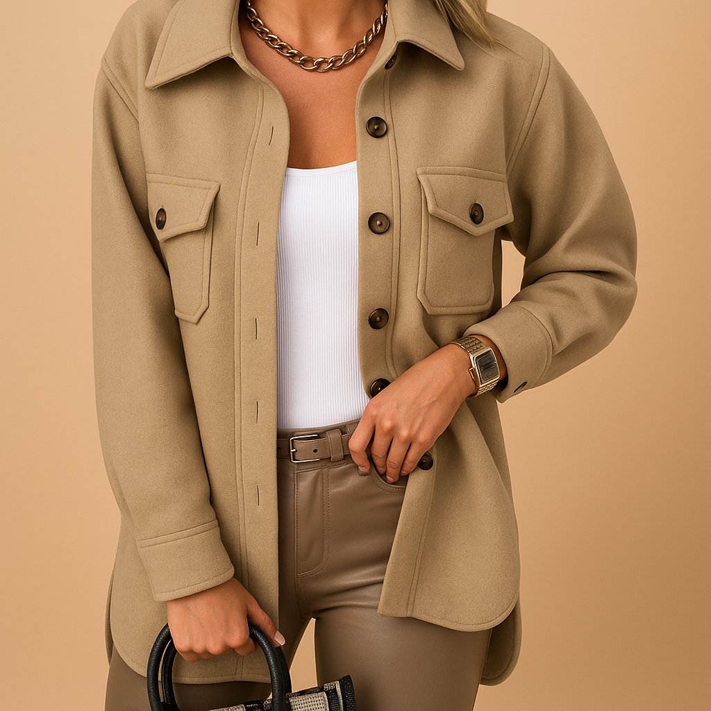 Women’s waterproof windproof jacket with button closure, folded collar, and pockets. Available in White, Beige, Brown, Khaki, Black, Dark Blue, Blue, and Yellow.