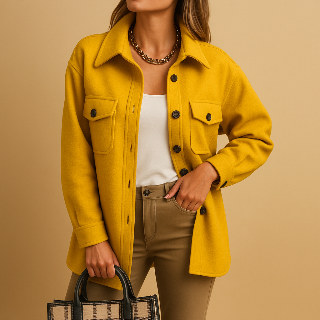Women’s waterproof windproof jacket with button closure, folded collar, and pockets. Available in White, Beige, Brown, Khaki, Black, Dark Blue, Blue, and Yellow.