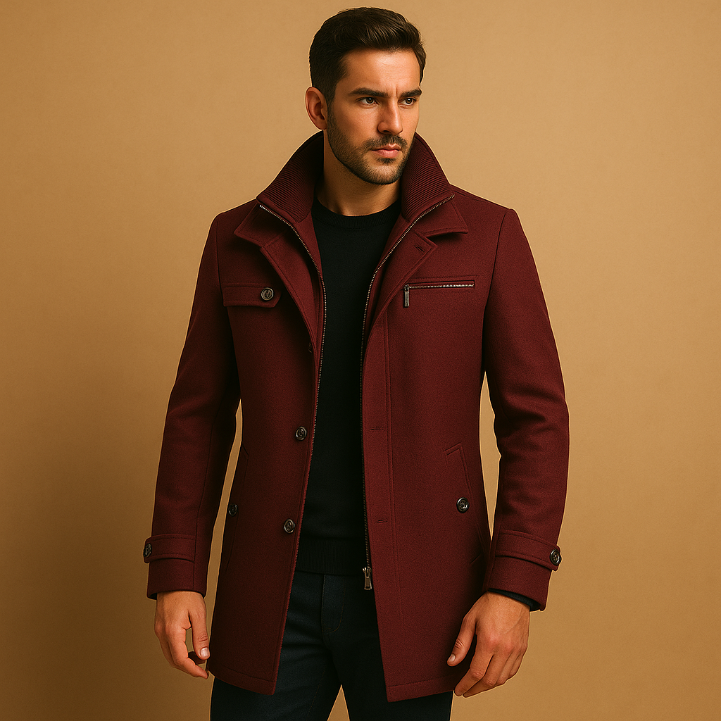 Men’s waterproof winter coat with breathable fabric, adjustable cuffs, and functional pockets. Available in black, grey, burgundy red, and brown.