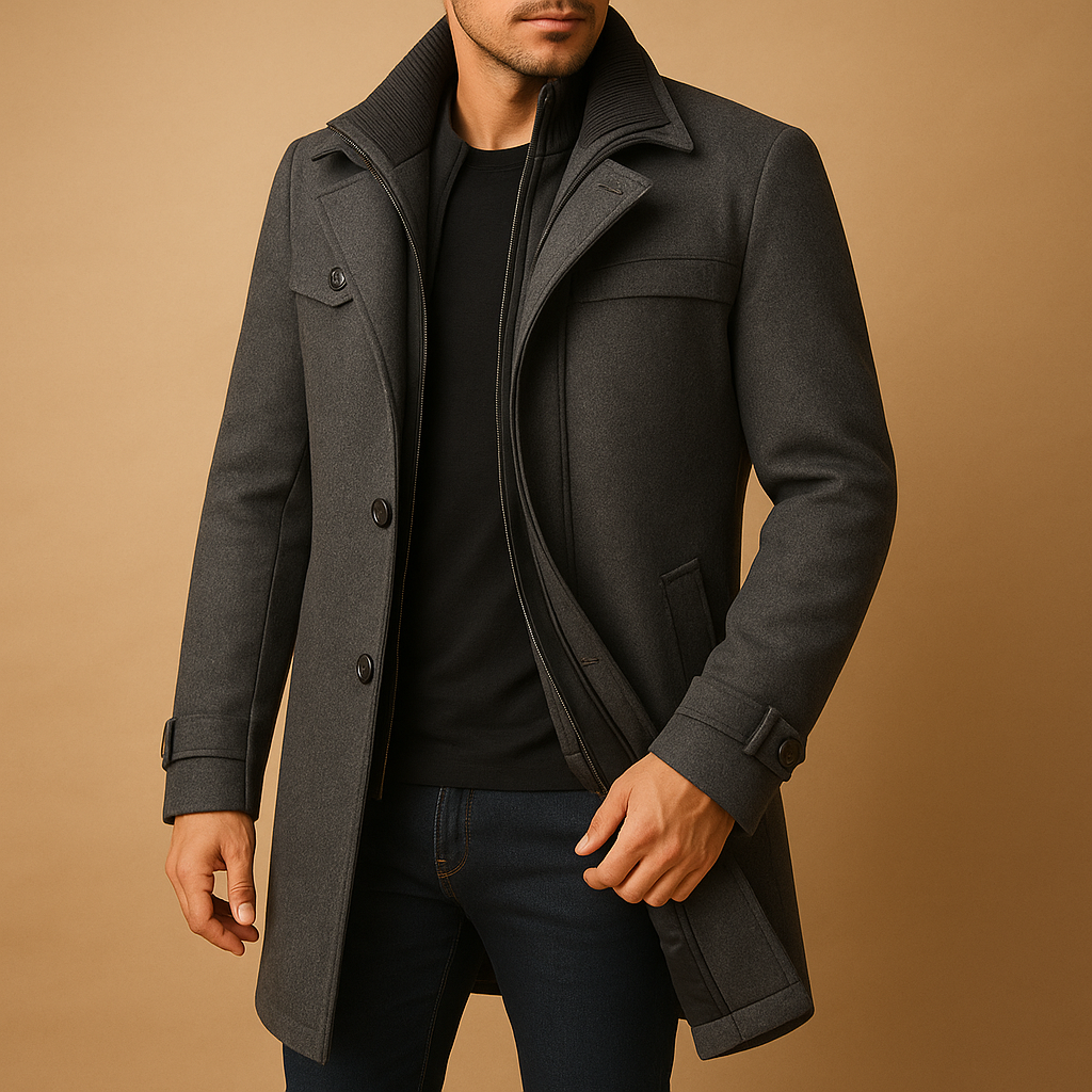 Men’s waterproof winter coat with breathable fabric, adjustable cuffs, and functional pockets. Available in black, grey, burgundy red, and brown.