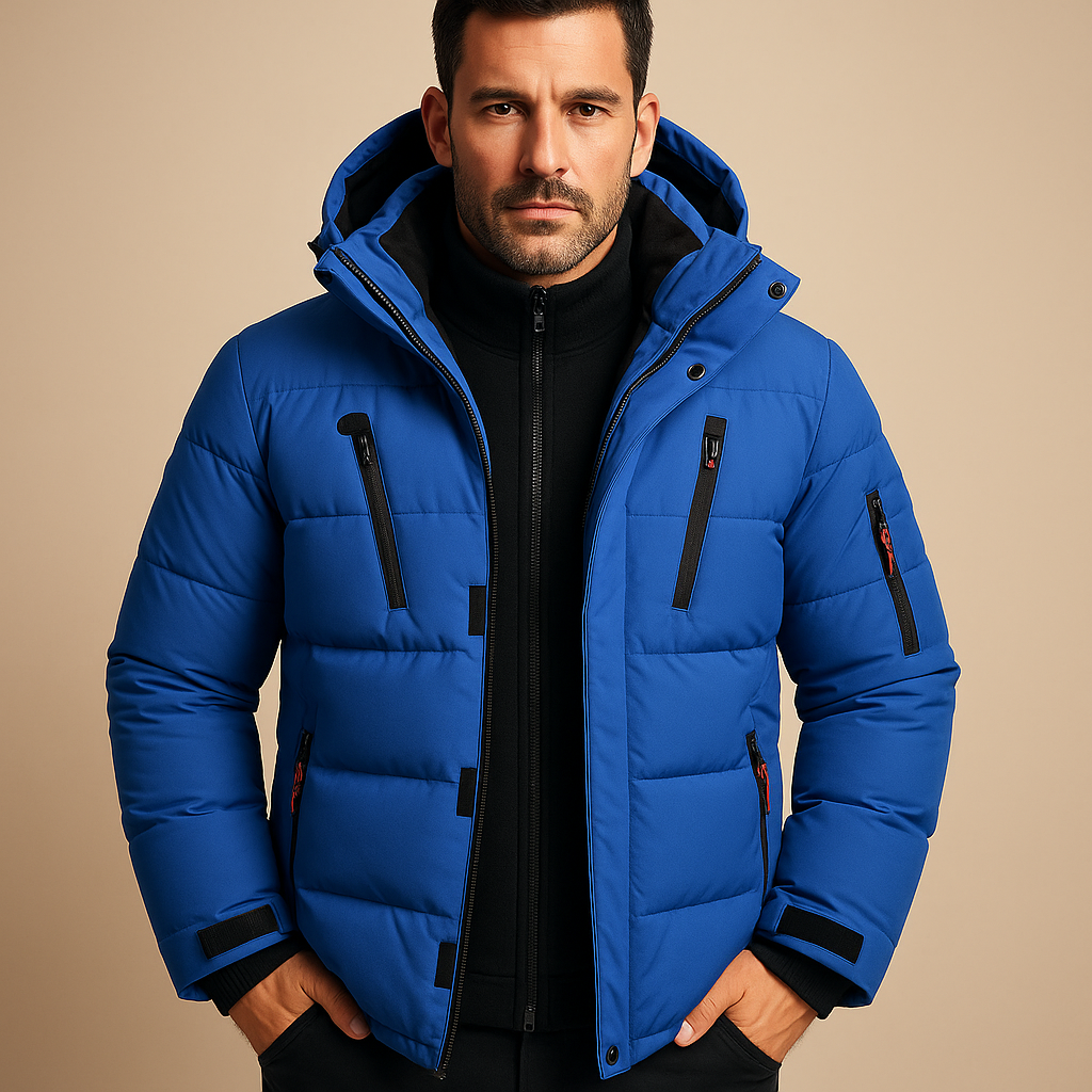 Men’s waterproof winter jacket with insulating lining, adjustable hood, and modern fit. Available in blue, grey, black, orange, and green.