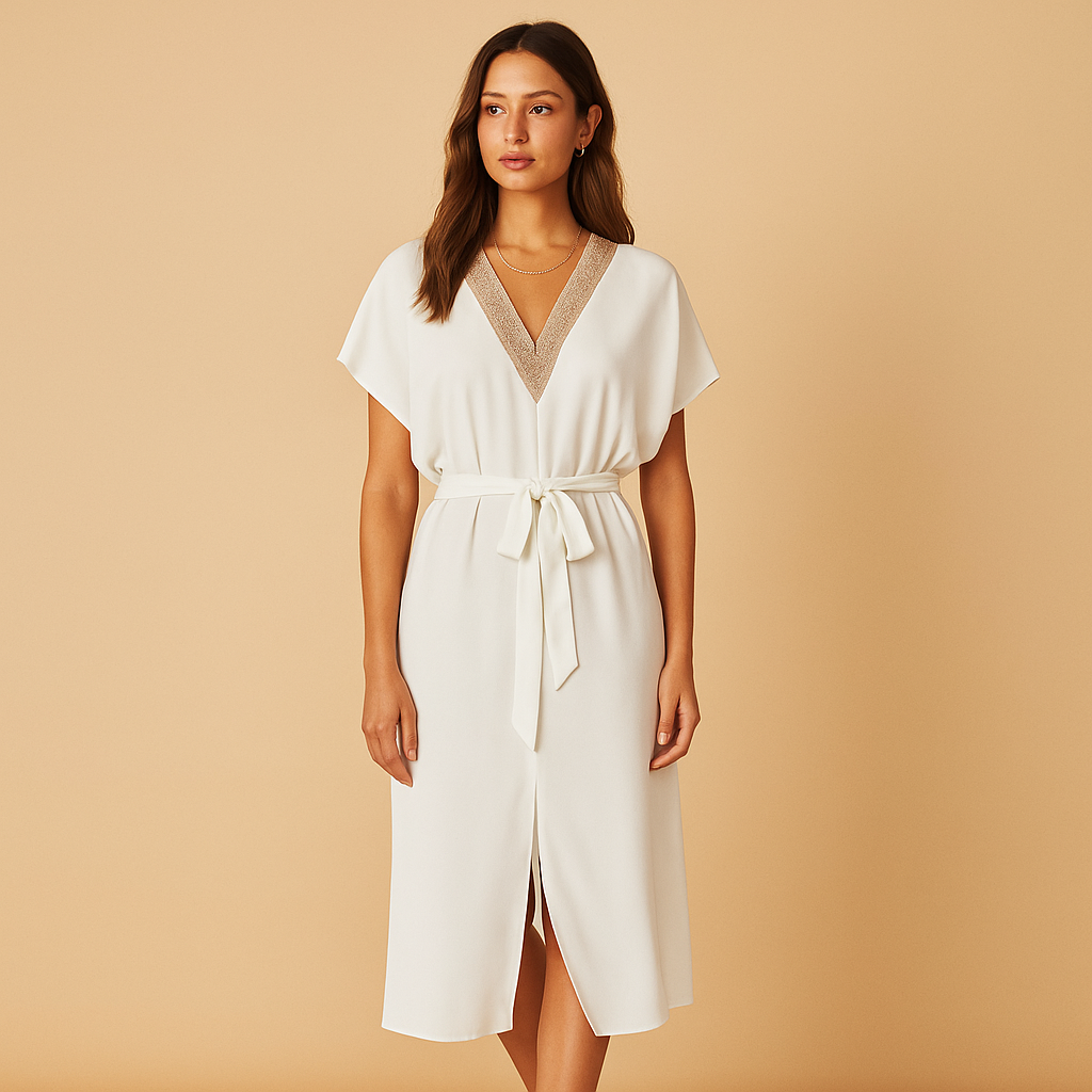 Women’s white midi dress with V-neckline and flowing silhouette, perfect for formal dinners, brunches, and elegant summer occasions.