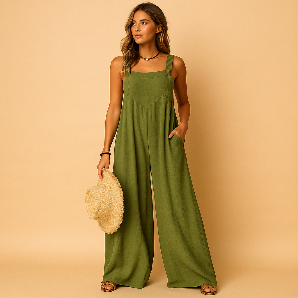 Elegant wide-leg summer jumpsuit for women with high waist, button details, and pockets, perfect for casual wear or evening outings.