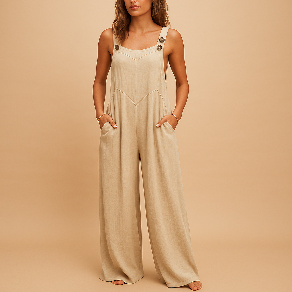 Elegant wide-leg summer jumpsuit for women with high waist, button details, and pockets, perfect for casual wear or evening outings.