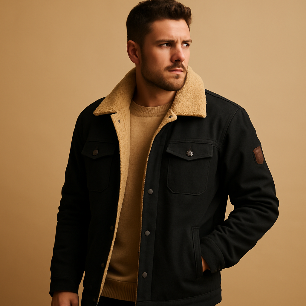Men’s winter bomber jacket with ribbed hems and insulated lining, ideal for casual looks and cold-weather outings.