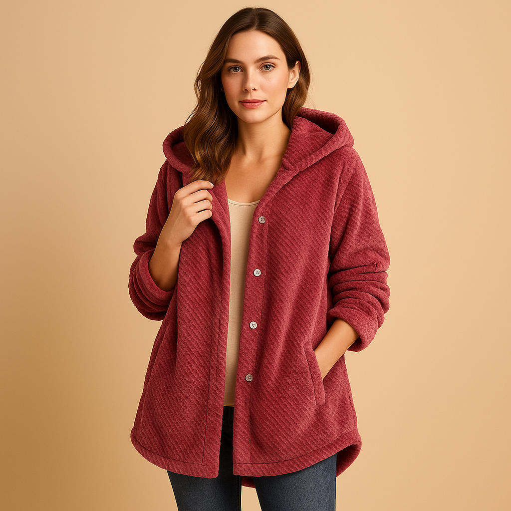 Winter coat with hood for women in breathable water-repellent fabric with insulated lining, flattering fit, and protective design.