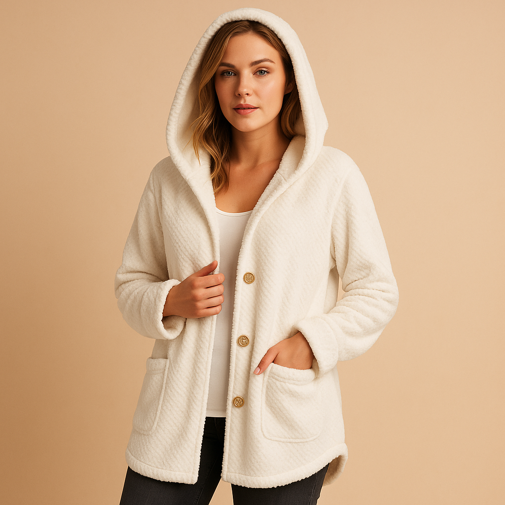 Winter coat with hood for women in breathable water-repellent fabric with insulated lining, flattering fit, and protective design.