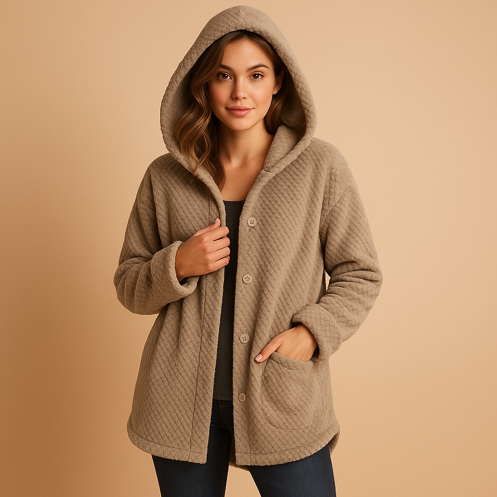 Winter coat with hood for women in breathable water-repellent fabric with insulated lining, flattering fit, and protective design.