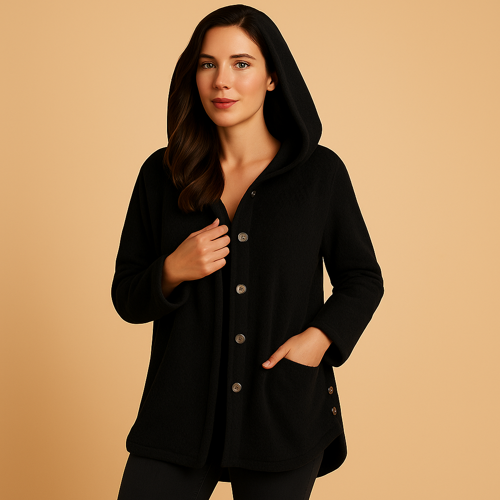 Winter coat with hood for women in breathable water-repellent fabric with insulated lining, flattering fit, and protective design.