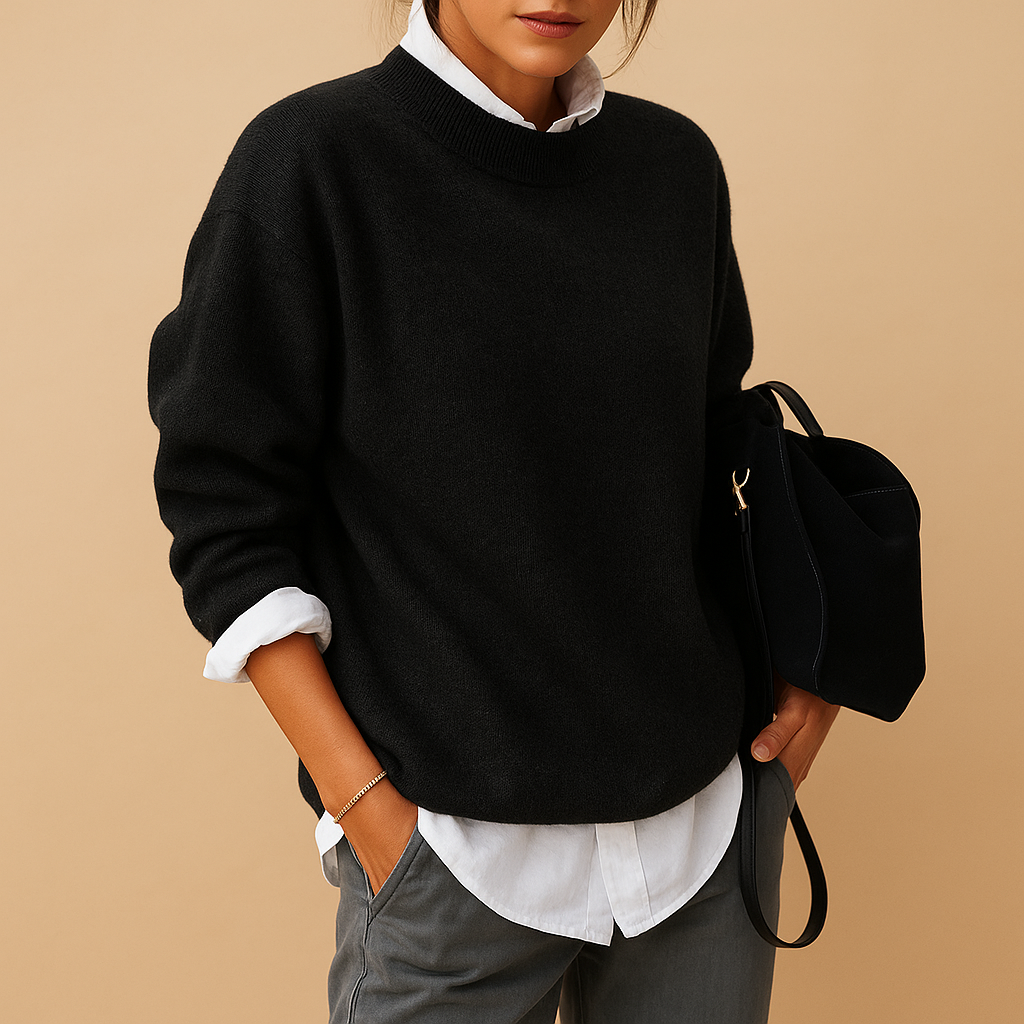 Elegant wool blend sweater for women with refined knit, available in Black, Beige, and Taupe, perfect for casual and office wear.