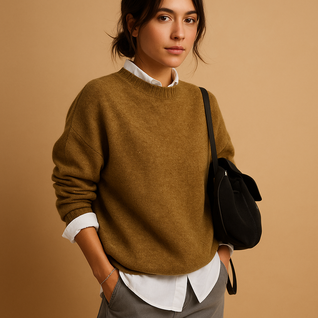Elegant wool blend sweater for women with refined knit, available in Black, Beige, and Taupe, perfect for casual and office wear.