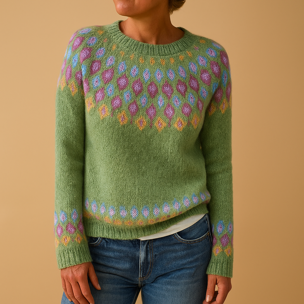 Wool blend sweater for women with trendy print, classic fit, and soft fabric, available in Green, Blue, Grey, Pink, and White.