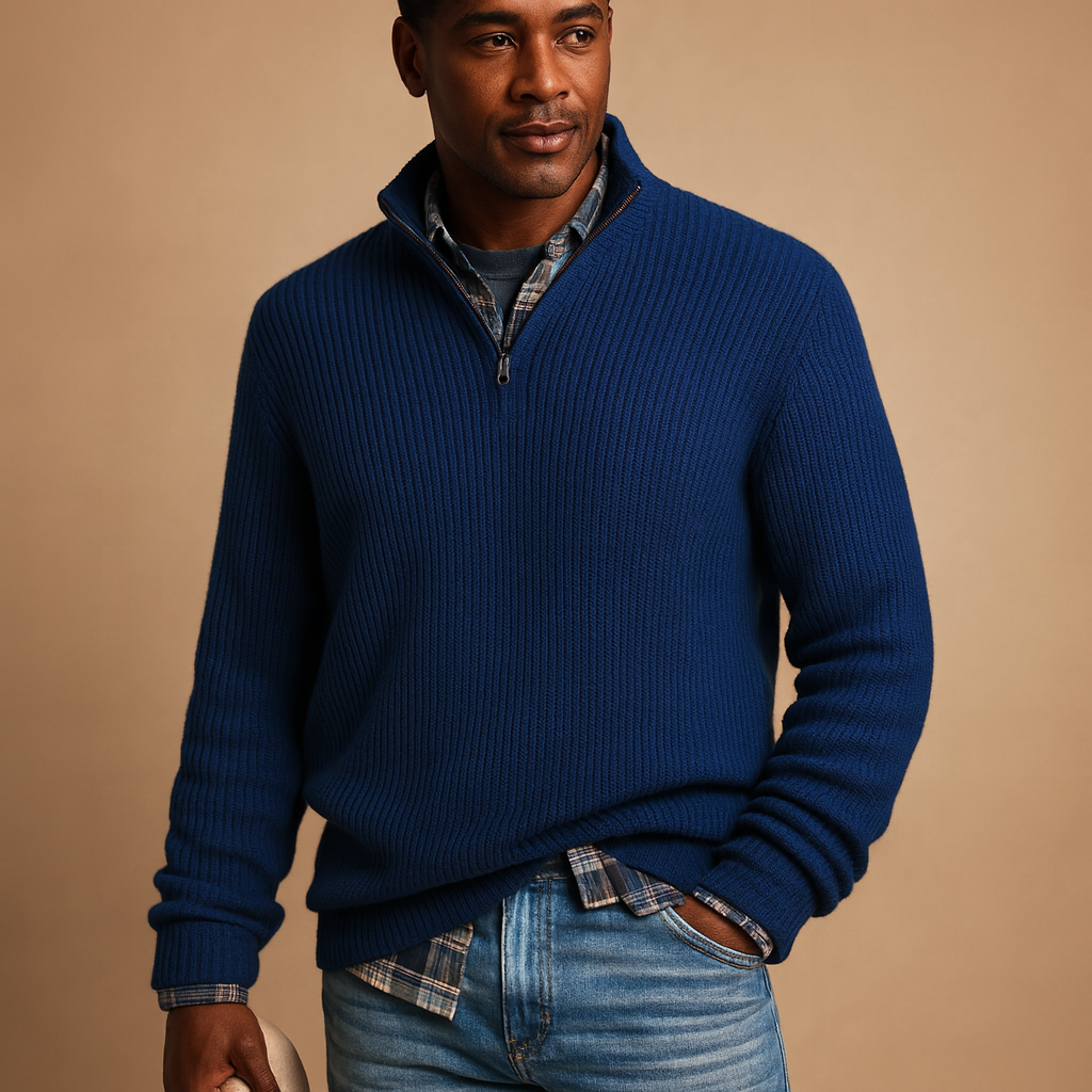 Wool winter sweater for men in navy blue, warm and timeless design ideal for casual or formal wear during the cold season.