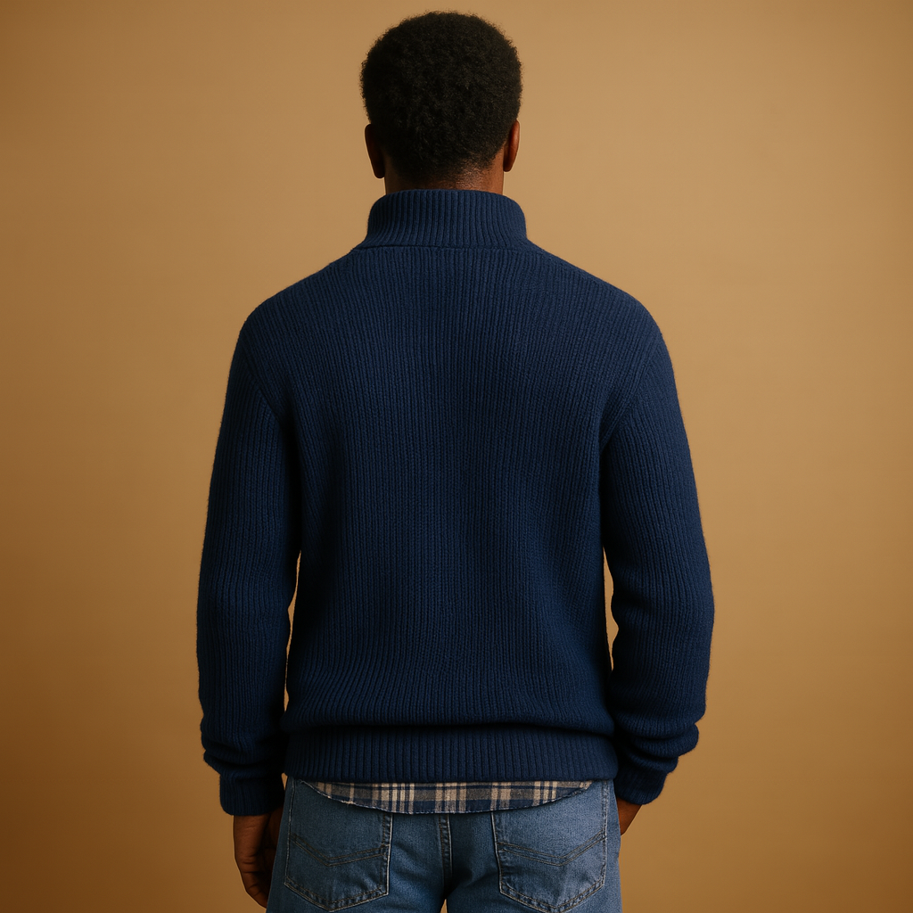 Wool winter sweater for men in navy blue, warm and timeless design ideal for casual or formal wear during the cold season.