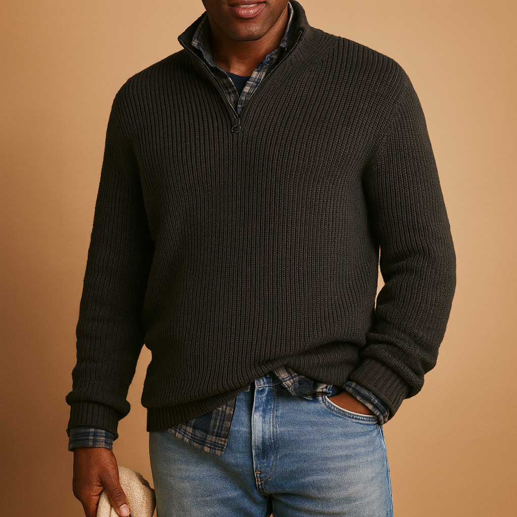 Wool winter sweater for men in navy blue, warm and timeless design ideal for casual or formal wear during the cold season.