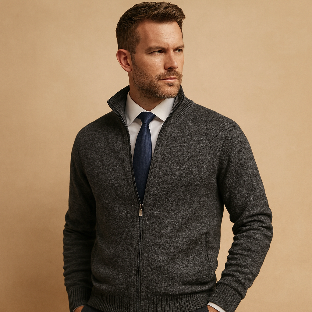 Men’s zipped cardigan with modern design, warm and soft for autumn and winter, perfect for casual, sporty, and everyday outfits.