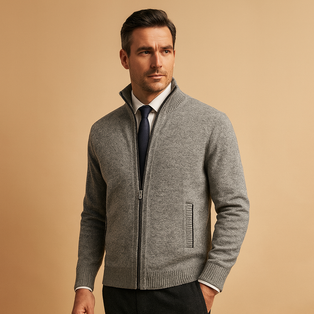 Men’s zipped cardigan with modern design, warm and soft for autumn and winter, perfect for casual, sporty, and everyday outfits.
