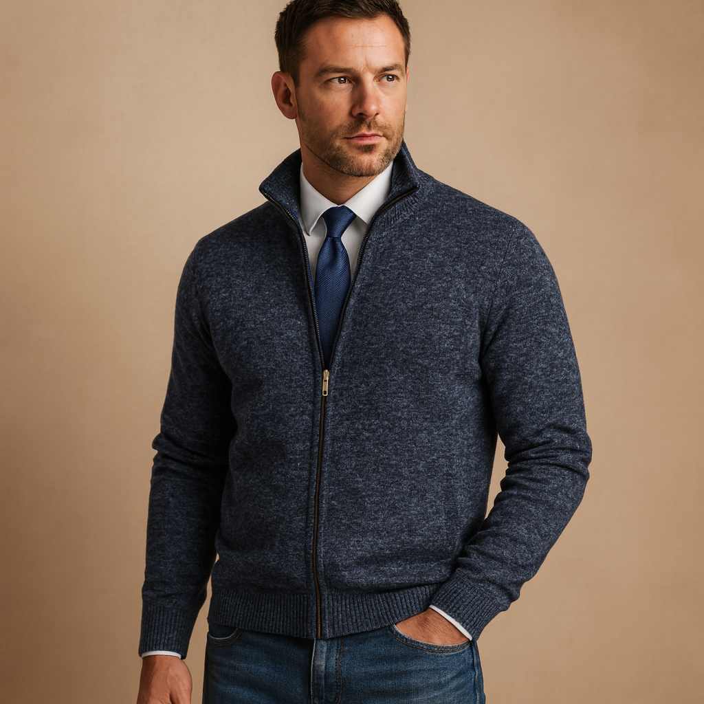 Men’s zipped cardigan with modern design, warm and soft for autumn and winter, perfect for casual, sporty, and everyday outfits.