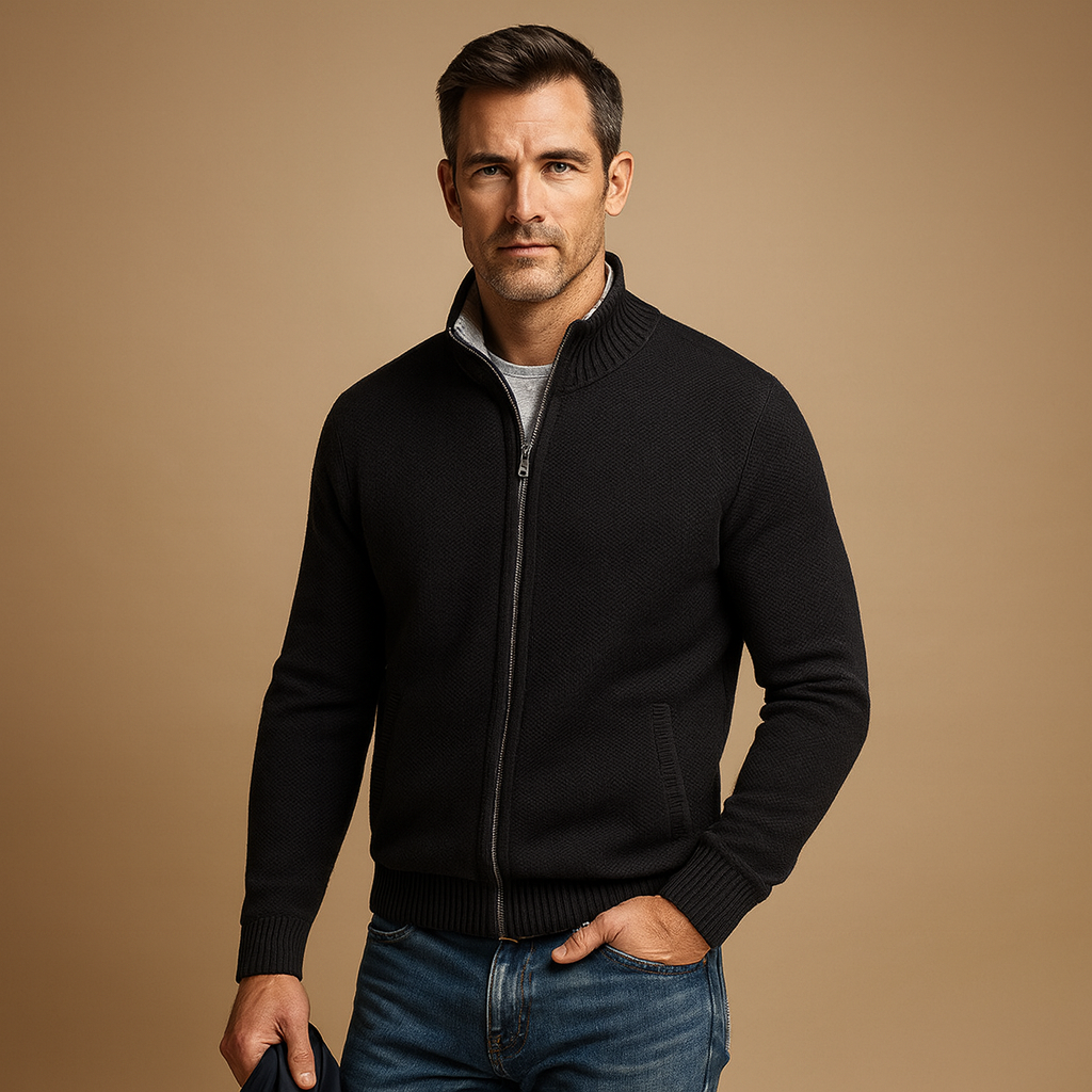 Men’s zipped cardigan with modern design, warm and soft for autumn and winter, perfect for casual, sporty, and everyday outfits.