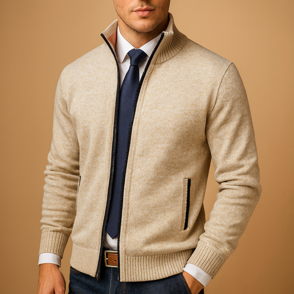 Men’s zipped cardigan with modern design, warm and soft for autumn and winter, perfect for casual, sporty, and everyday outfits.
