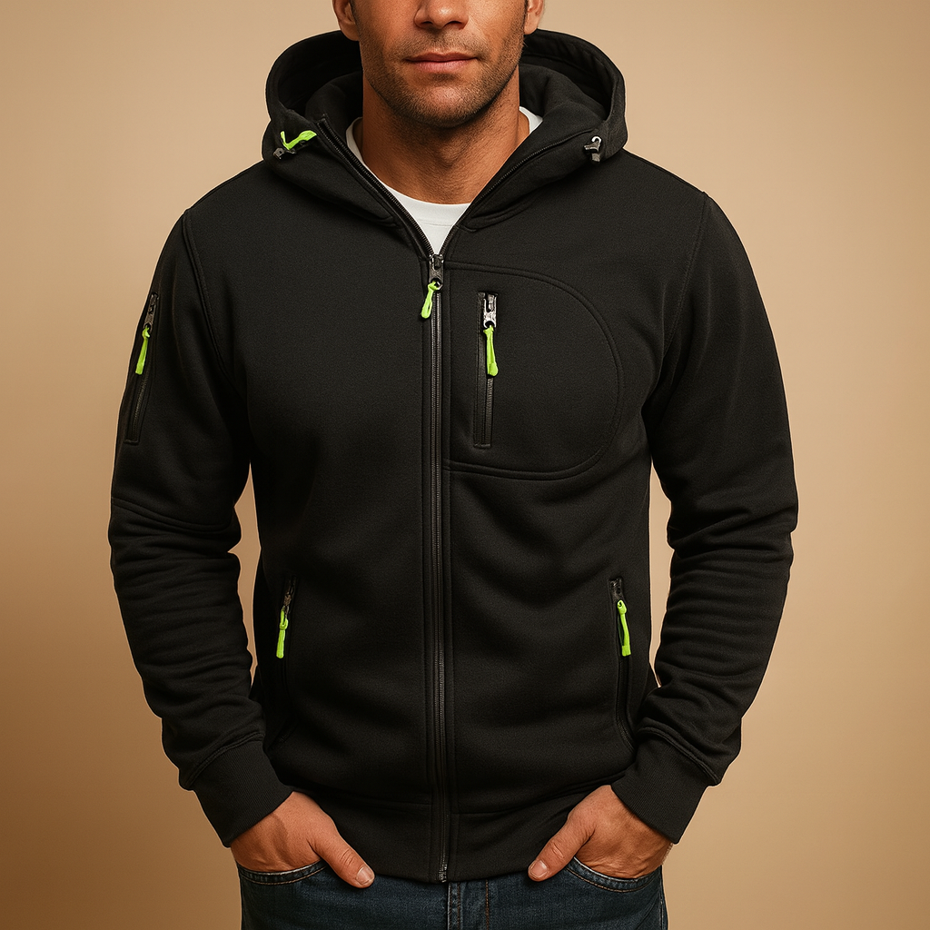 Men’s zipped hoodie with adjustable hood, available in black, blue, grey, green, and white, perfect for casual and sporty wear.