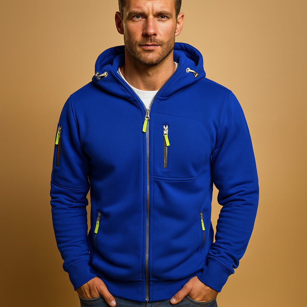 Men’s zipped hoodie with adjustable hood, available in black, blue, grey, green, and white, perfect for casual and sporty wear.