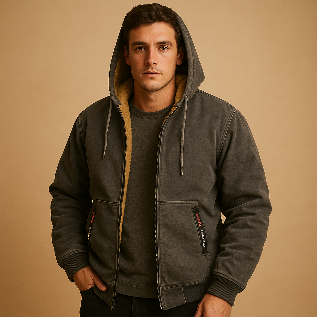Zipped hoodie for men with adjustable hood and loose fit, available in black, grey, and navy blue, ideal for casual and outdoor wear.