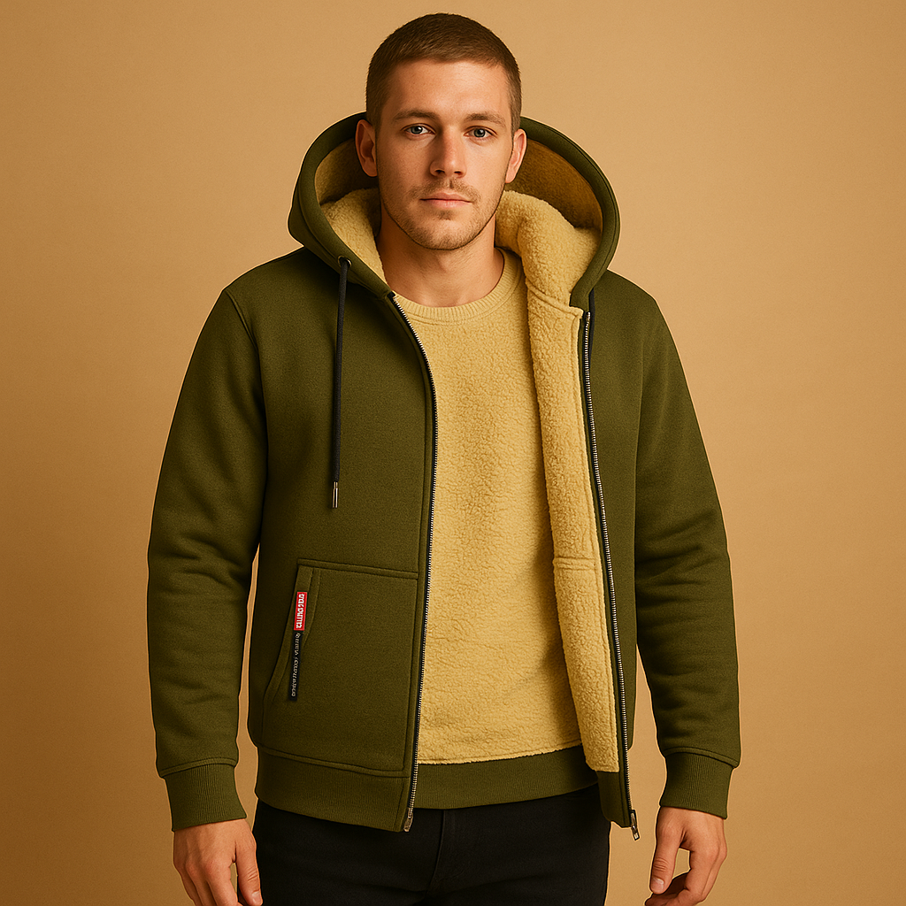 Zipped hoodie for men with adjustable hood and loose fit, available in black, grey, and navy blue, ideal for casual and outdoor wear.